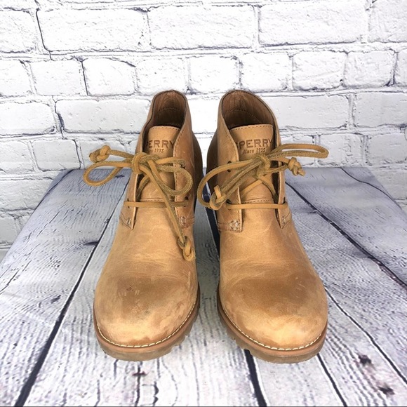 Sperry Top Sider Harlow Tan Suede Wedge Booties 7 - Picture 2 of 5